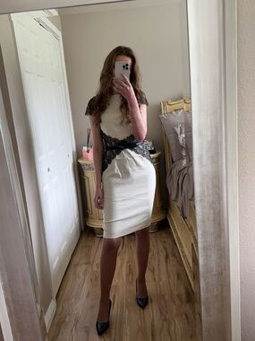 London Dress Company Ivory Sheath Dress with Black Lace Trim